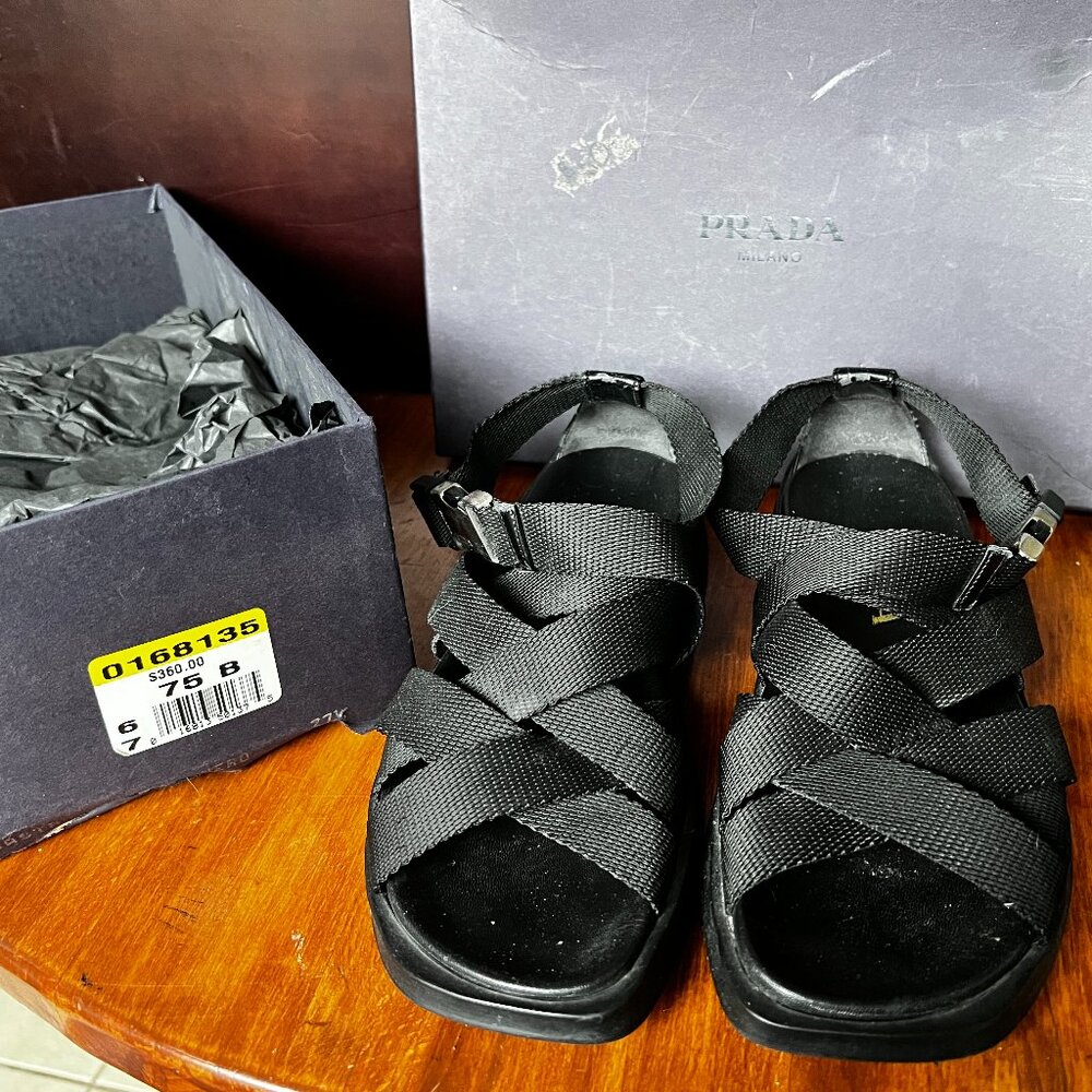 Vintage Strappy Black Prada Sandals, with box.